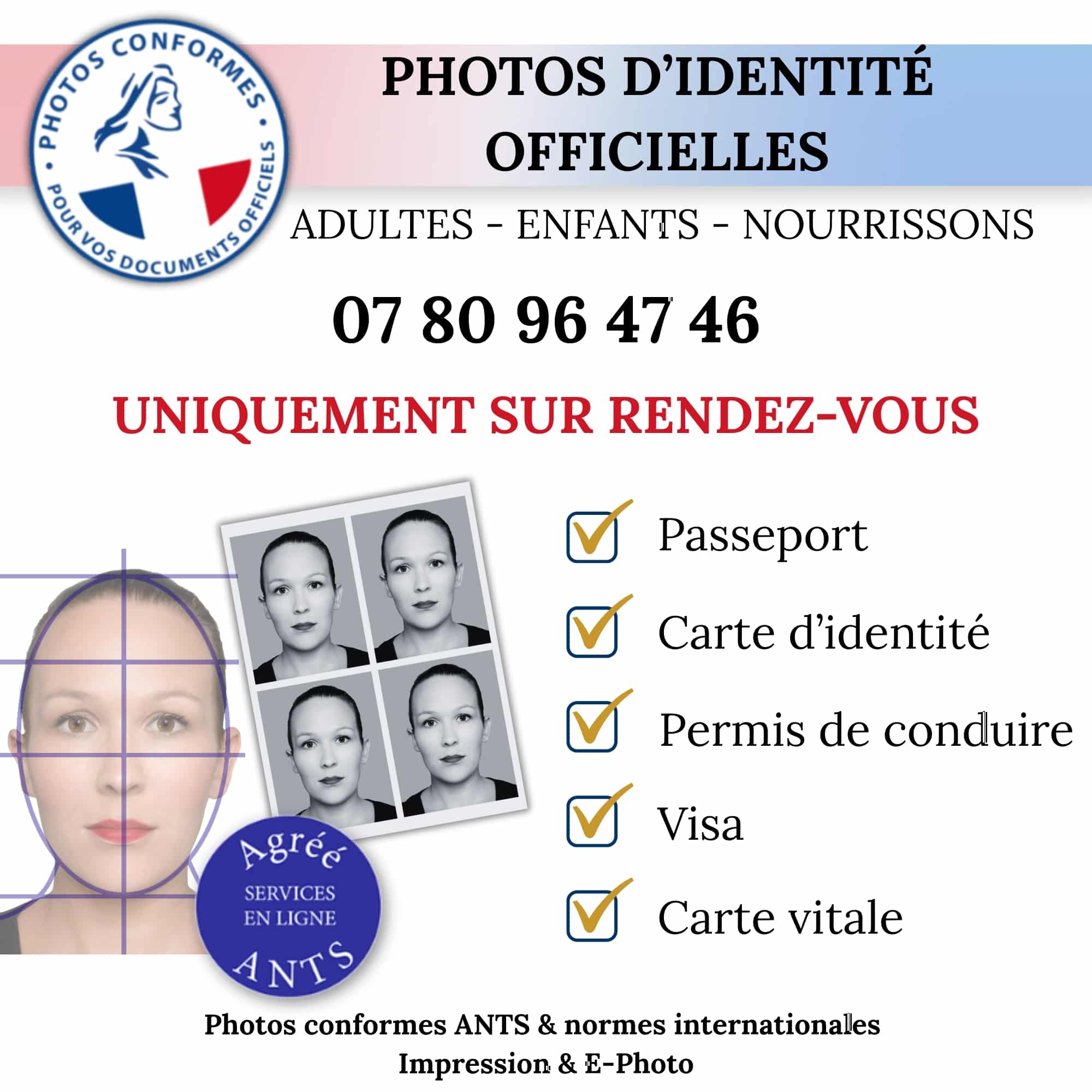 Exemple de planche de photos d'identité conformes ANTS, réalisée en studio à Aix-en-Provence