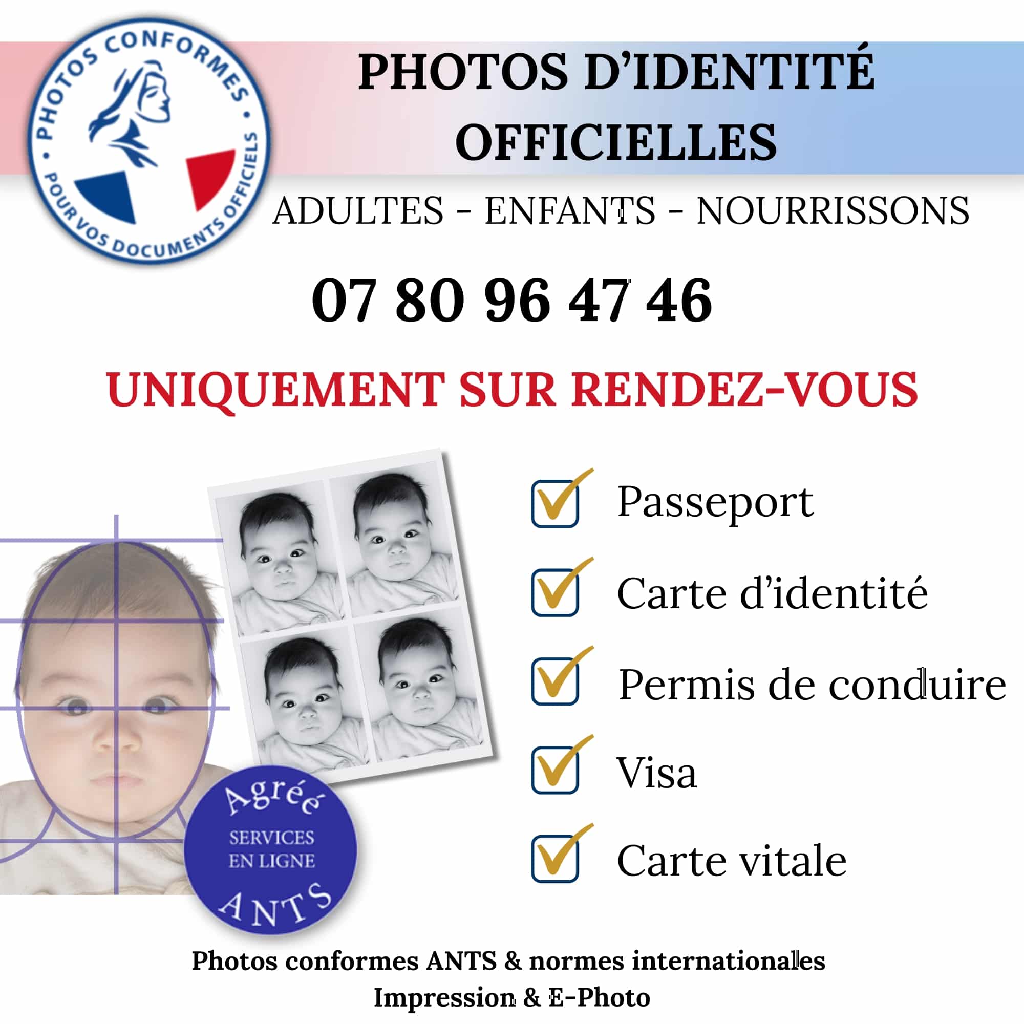 Photo d'identité de bébé conforme aux normes ANTS, réalisée en studio à Aix-en-Provence